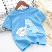 Cinnamoroll 26 Letters T-shirt Children Sanrio Cartoon T-shirt Fashion Blue Short Sleeve Cute Anime Loose Clothing Kids Tee Gift 2