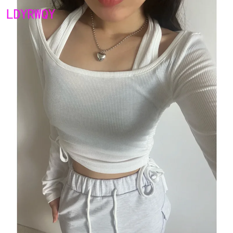 

Autumn and Winter New Fake Two Piece Hanging Neck Double Side Pleated Slim Fit Short Long Sleeve T-shirt