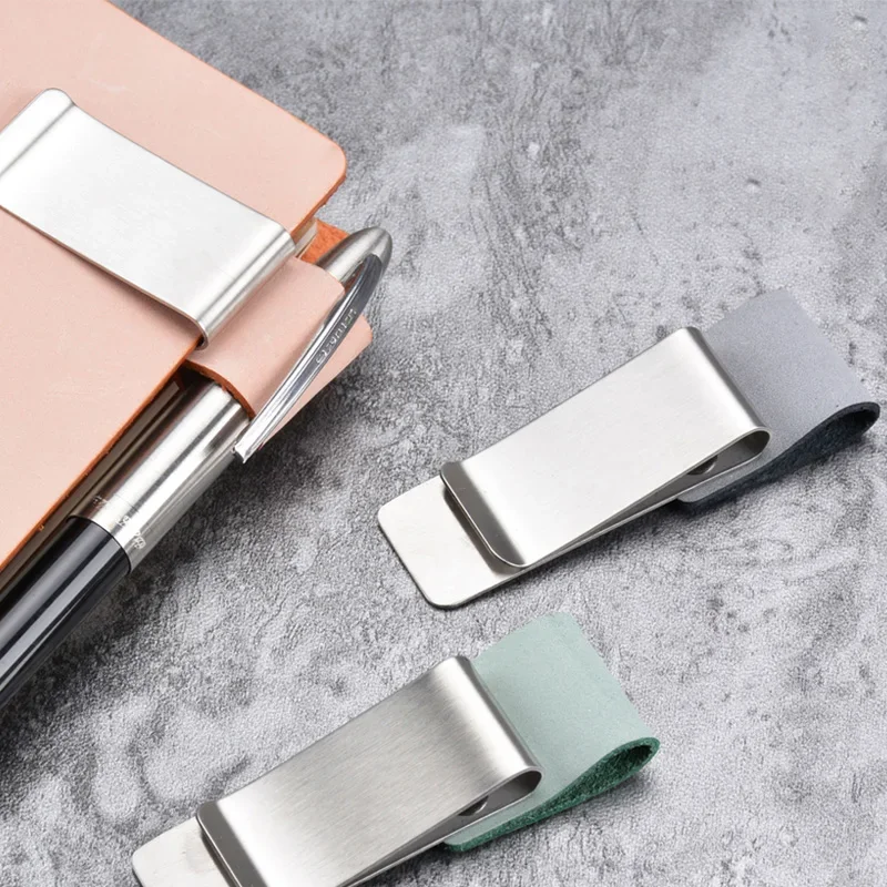 Fromthenon Metal Leather Pen Holder Brass Stainless Steel Pencil Clip Vintage Diary Notebook Pen Holder Loose Leaf Clip 5