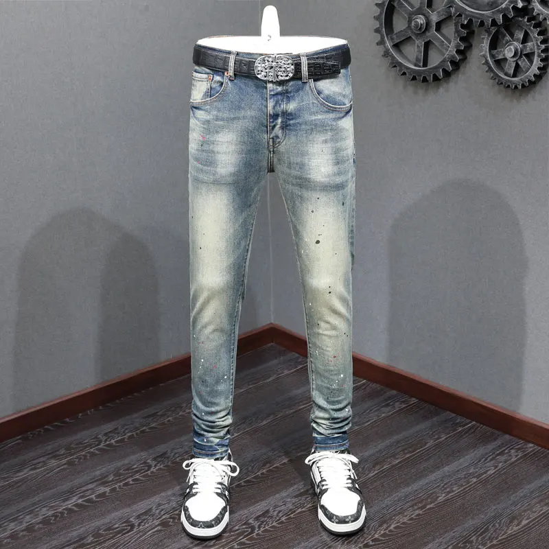 

High Street Fashion Men Jeans Retro Washed Blue Stretch Slim Fit Ripped Jeans Men Painted Designer Hip Hop Brand Pants Hombre
