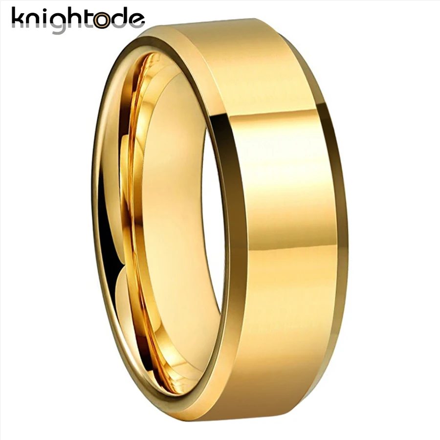 6/8mm Gold Color Wedding Band Men Women Tungsten Carbide Engagement Rings Beveled Edges Flat Polishing Comfort Fit