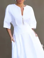 Yeezzi Women's Cotton Zipper White A-line Dress 2025 New Half Sleeves Solid Color V-Neck Simple Office Commuter Maxi Dresses - Image 2