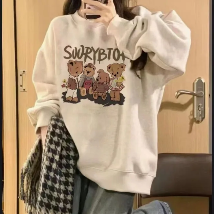 2022 Lazy Style Hatless Sweater Women's Spring and Autumn Thin Solid Color Bear Print Small Loose and Slim Versatile Sweater