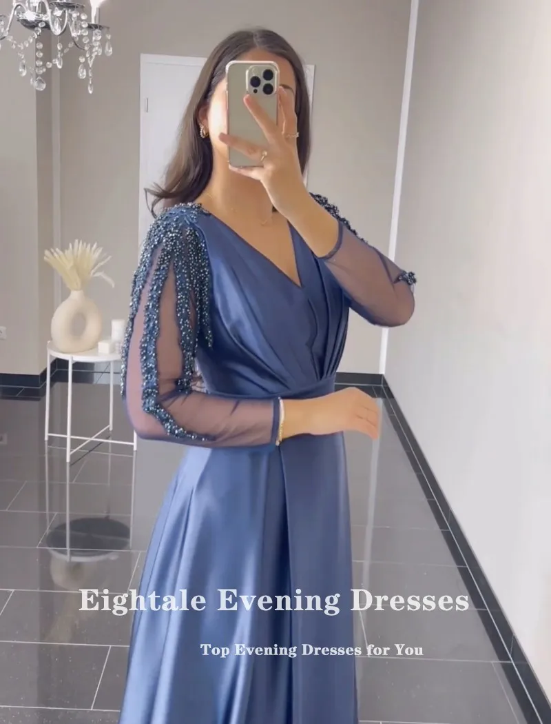 Eightale Elegant Evening Dress Satin Long Sleeves Beaded A-Line Prom Gowns Celebrity Wedding Party Dress Vestidos De Noch