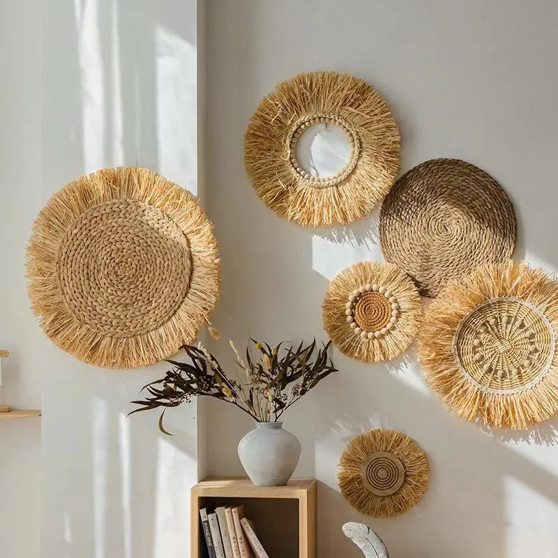 Confezione da 8 decorazioni da parete in stile boho, 35,5 cm, rotonde da appendere a mano, in rattan, per soggiorno, rustico, piatto, elegante, fattoria, camera da letto, tavolo, cucina e casa