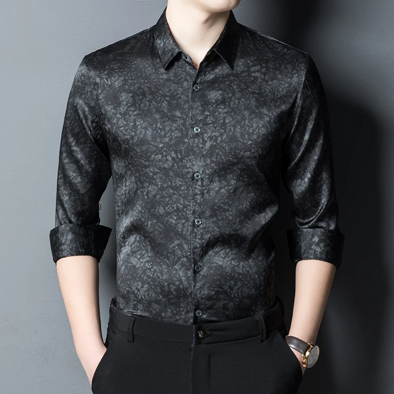 

Vintage Casual Silk Men Shirt Long Sleeve Regular Fit High-End Summer New Fashion Smooth Comfortable Plus Size 4XL Chemise Homme