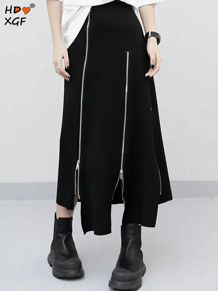 

Elegant Multiple Zippers Irregular Edge Black Split Skirt Fashion Women High Waist Skirt Korean Designer Loose Skirts Streetwear