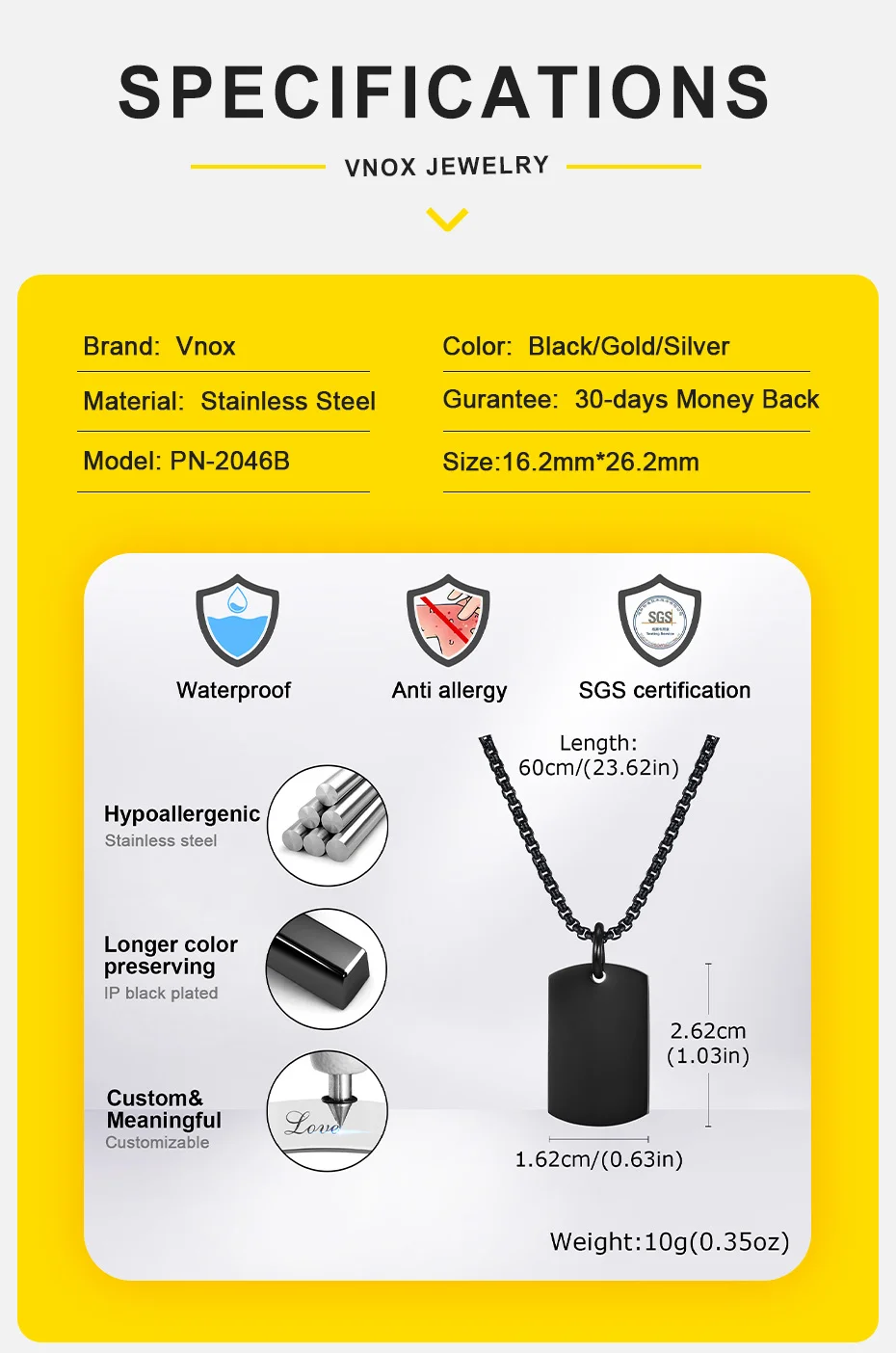 Vnox Kleine dicke Erkennungsmarken-Halsketten für Männer und Jungen, militärischer Hundemarken-Anhänger, schwarz-silberfarbenes Edelstahl-Halsband, Geschenk für Ihn – Detail 7