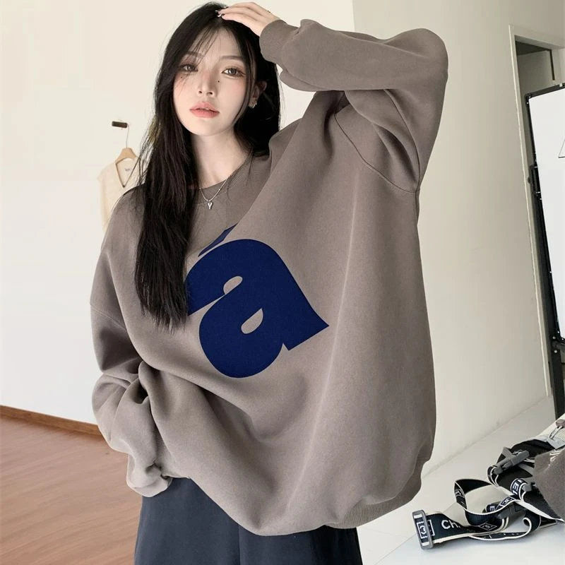 

Korean Letter Printed Hoodies Women Harajuku Vintage Autumn Winter O-neck Fleece Sweatshirts Pullover Women Kpop Clothes 2023