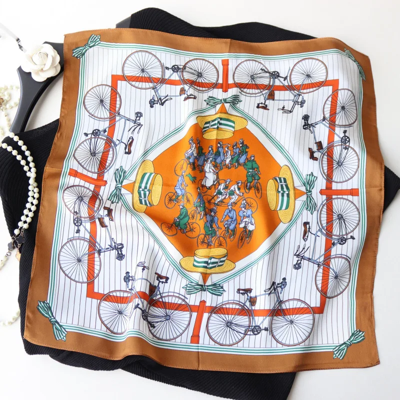 

POBING 100% Natural Silk Scarf Women Carriage Print Square Scarves Wraps Small Head Handkerchief Wholesale Hijabs 53x53CM