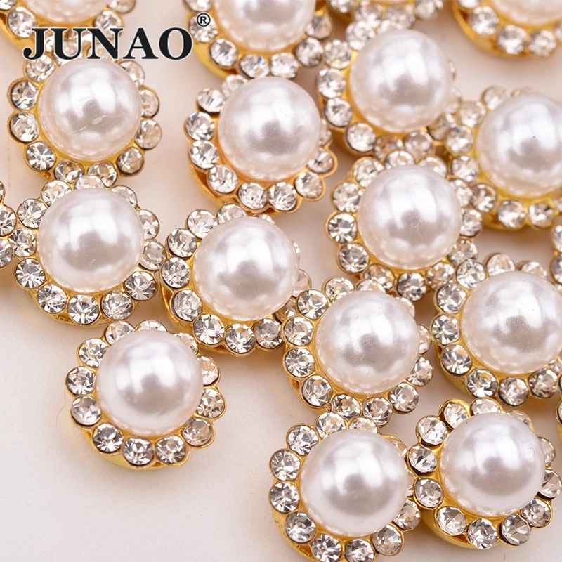 JUNAO 4 6 8 10 12mm Gold Flatback Pearls Half Round Rhinestone