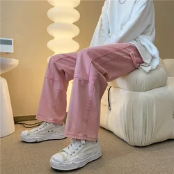 Pink Jeans Men Fashion Vintage Pocket Cargo Jeans Men Streetwear Hip Hop Loose Straight Denim Trousers Mens Wide Leg Pants S-3XL