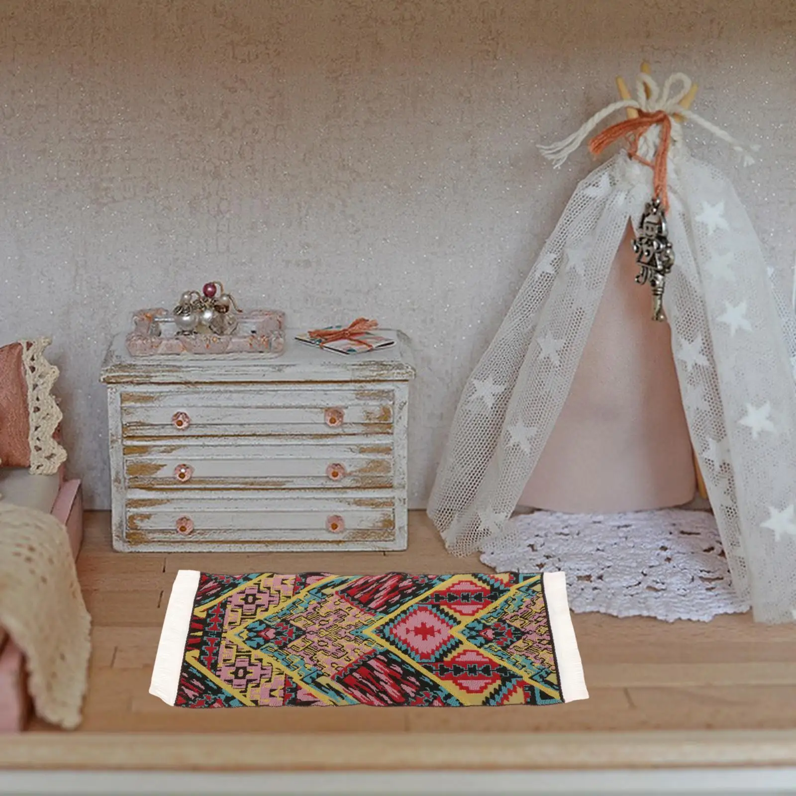 

1:12 Embroidery Dollhouse Rugs Handmade Pretend Play Vintage for Living Room Accessory Miniature Rug Carpeting Decor with Tassel