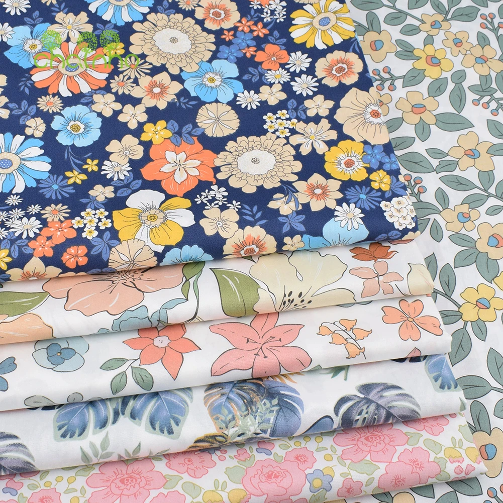 Chainho,Printed Twill Weave Cotton Fabric,DIY Sewing Quilting Material,Patchwork Cloth,6 Designs Floral Series,2 Sizes,15C277