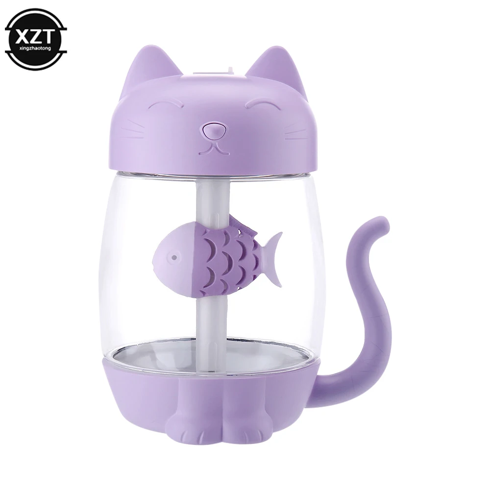 350ML Cat Air Humidifier With Color LED Light Ultrasonic 3 In 1 Adorable Cat Eat Fish Humidificador USB Aroma Diffuser Fogger