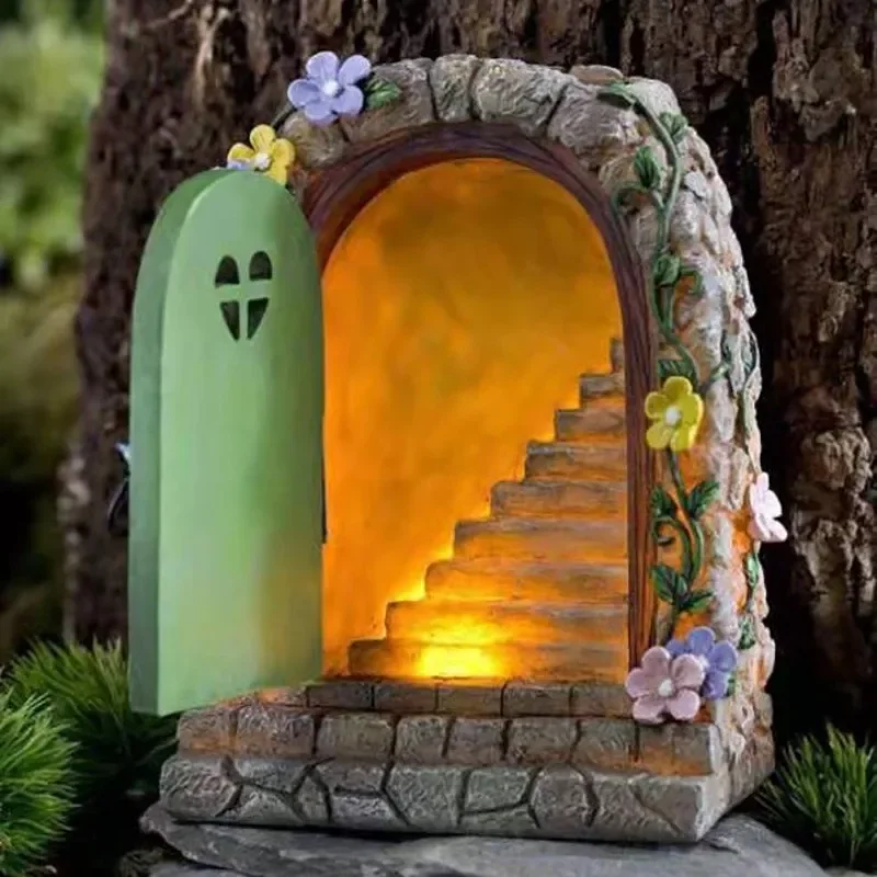 

Solar Powered Fairy Door Ornaments Garden Night Lights Glowing Resin Figurines Creative Cartoon Home Decor