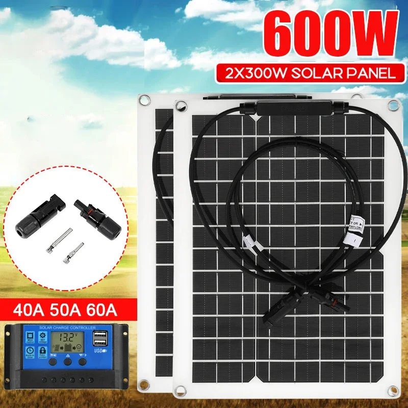 600W 300W Pannello Solare 18V Sun Power Solar Cells Bank Con Copertura Del Connettore Controller Solare Ip65 Per Telefono Car Rv Boat Charger