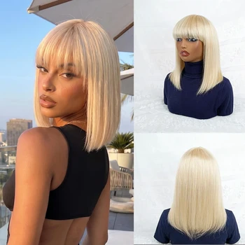 Parrucca bionda liscia a taglio bob, 100% capelli umani veri, realizzata a macchina con frangia completa, cappuccio traspirante e regolabile, dall'aspetto naturale e realistico.