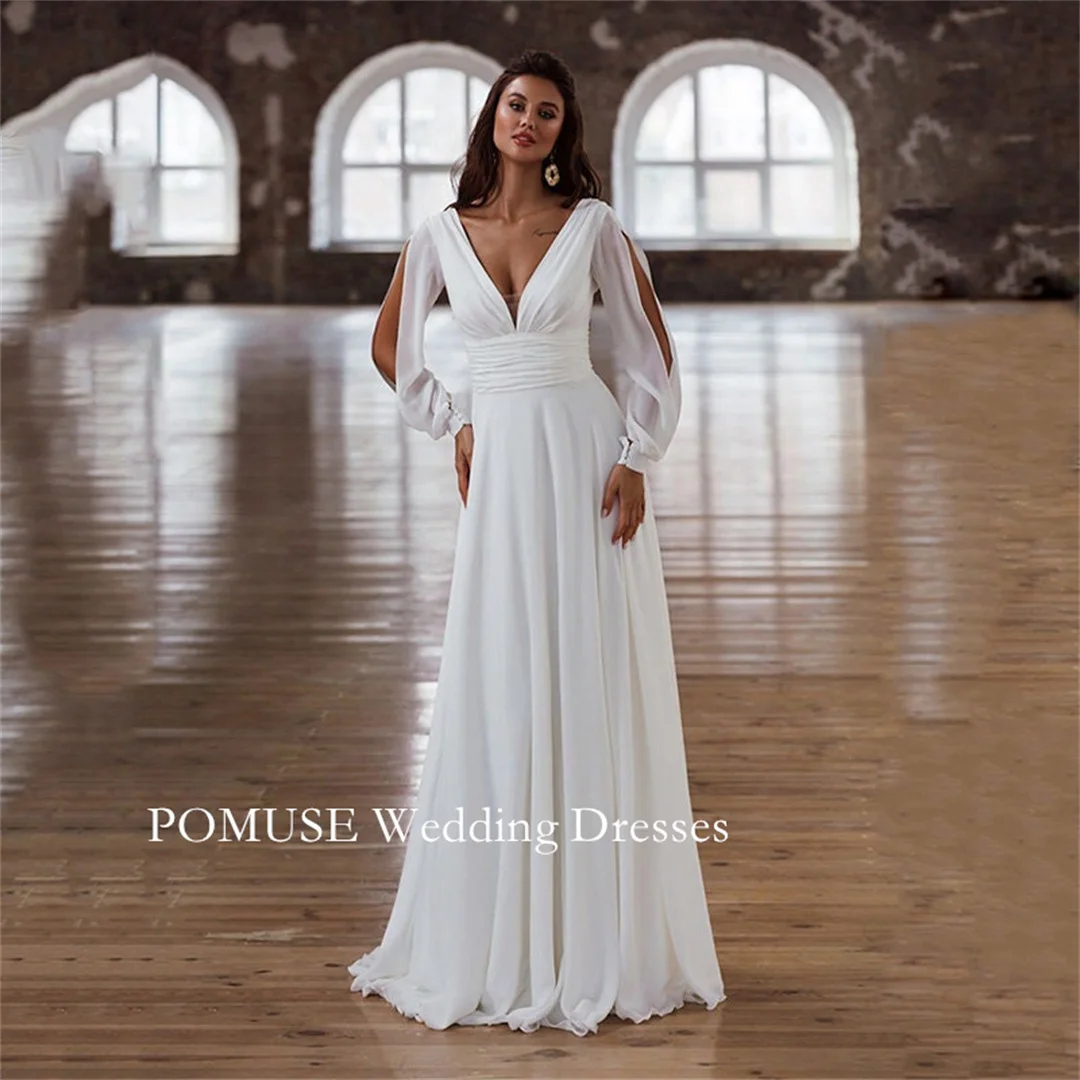 

POMUSE Modest Pleated Chiffon Wedding Dress Stunning Open Back V-Neck Wedding Bride Gown Custom Made Vestido De Novia for Women
