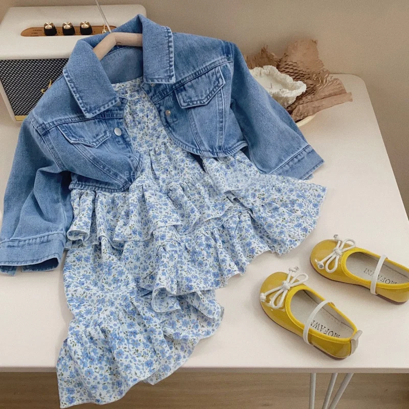 

Girl's Western Style Suit Baby2024Spring New Children's Fashionable Denim Jacket Dress Spring and Autumn Two-Piece SetWS