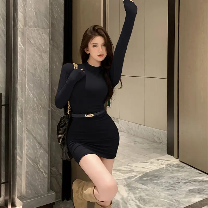 

New Long Sleeve Ruched Dress Women Turtleneck Bandage Mini Dresses Autumn Black Skinny Stretchy Party Vestidos
