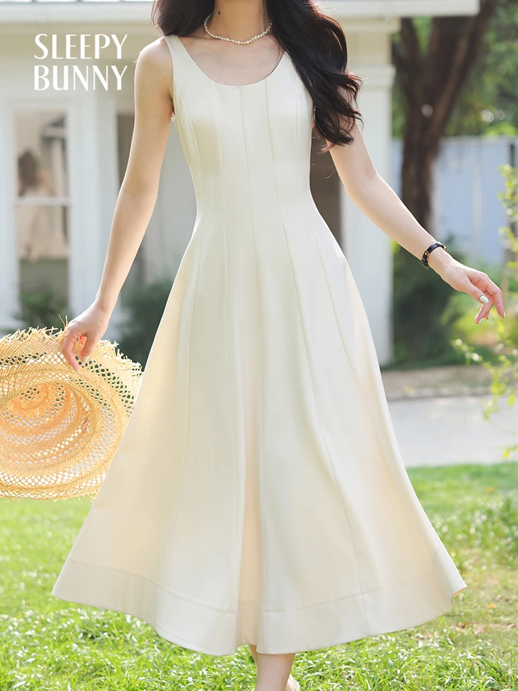 Women White U-Neck Sleeveless Dress Summer Slim Fit Waist A-Line Long Dress  Minimalist Style Elegant Casual Vacation Sundress - AliExpress