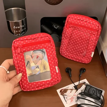 Portamonete Rosso a Pois Stile Retrò in Tela con Finestra Trasparente, Borsa Leggera Lavabile per Esporre Foto, Ideale per il Pendolarismo