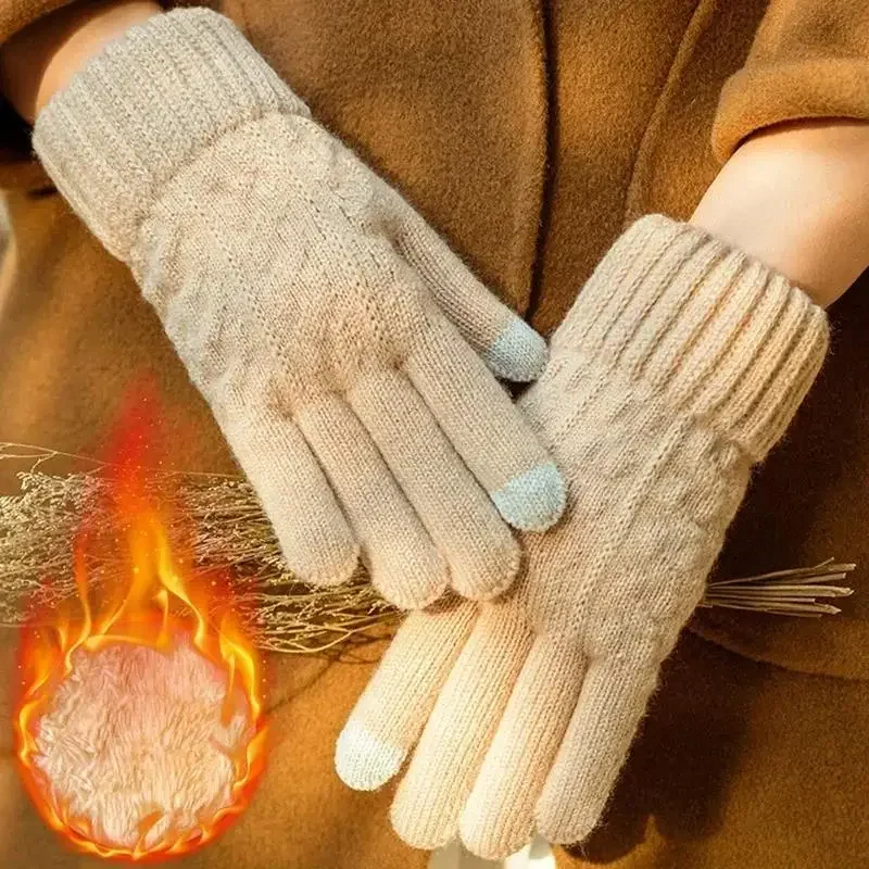 Winter Gloves Men Women Warm Full Finger Touchscreen Plus Fleece Wool Knitted Cycling Driving