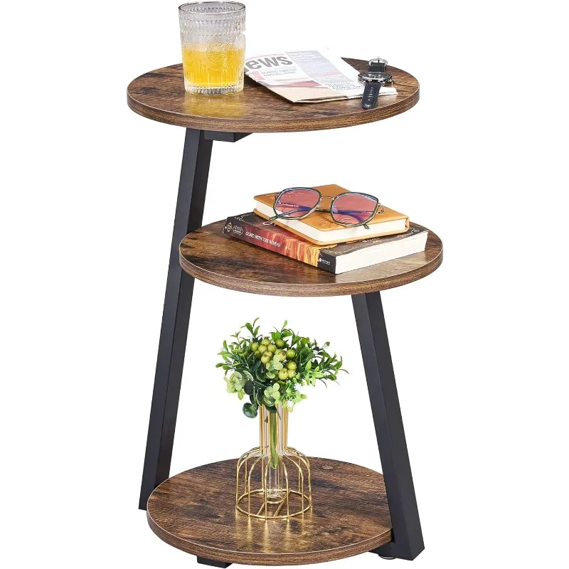 

BEWISHOME Round End Table Side Table with Metal Frame, Accent Table Nightstand Bedside Table with 3-Tier Shelves