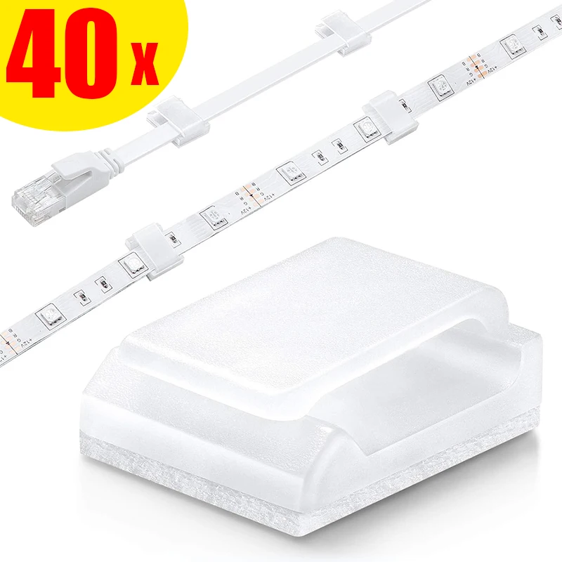 USB 케이블을 깔끔하게 정리하는 클립, 차량 내부나 집 오피스에서 사용하는데 편리한 와이어 코드 거치대 케이블 정리본, 마우스나 키보드를 사용할 때 유용한 가구용 케이블 와인더 10 셀프 접착 라이트 스트립 장착 클립, LED 라이트 패스너, 캐비닛 야외 사무실 자동차 플라스틱 장착 거치대, 40X