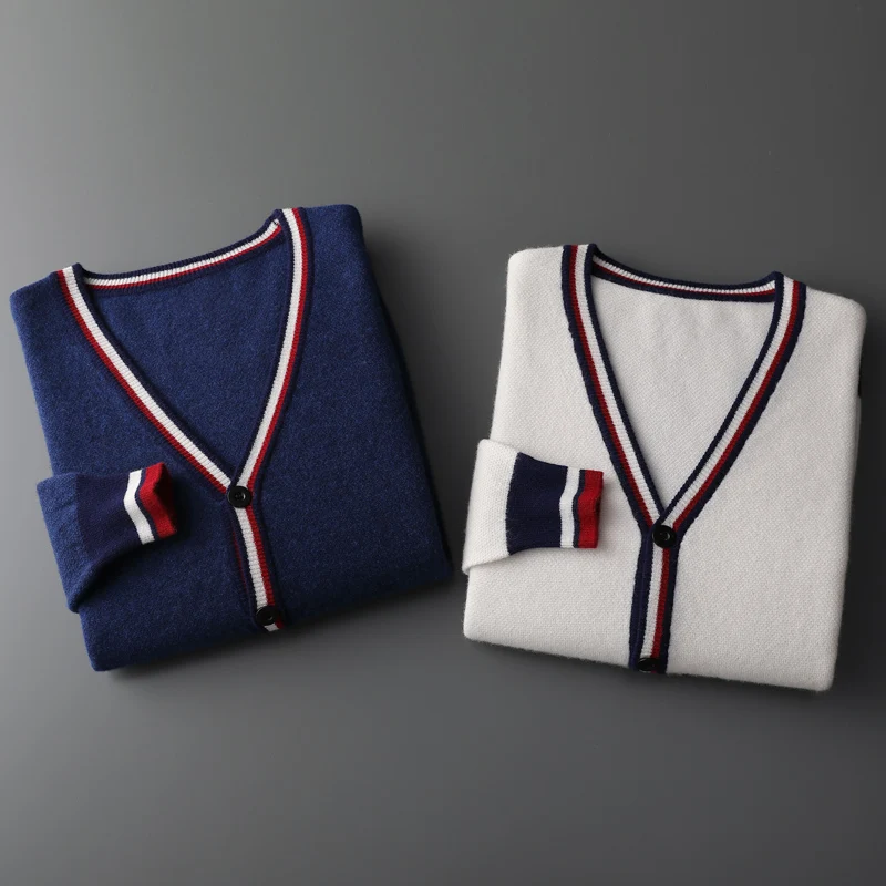 Autumn And Winter New Men’s Cashmere Sweater V-Neck Color Contrast Long-Sleeved Cardigan Loose Large Coat 100 Pure Wool Knitting