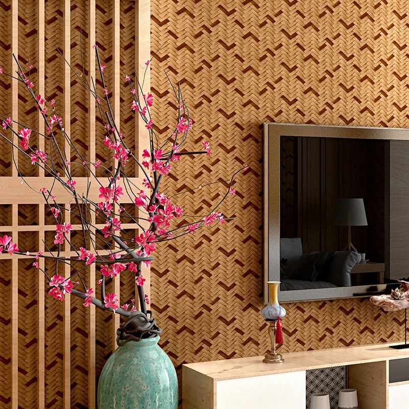 Simulated Straw-Woven Bamboo-Woven Wallpaper Chinese Classical Zen Home Decoration Straw Mat Brush Glue PVC 3D Wall Stickers fashion design round wooden buckle dress belt for women casual braided wide strap woven elastic pp straw belts decoration gift