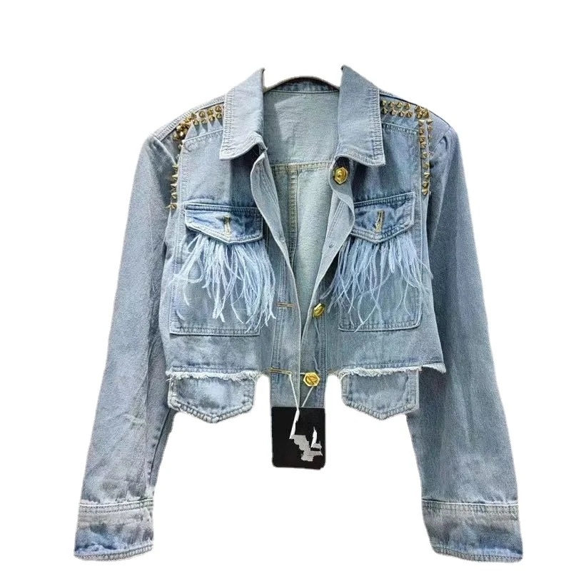 

Women's Denim Jacket Metal Rivet Fleece Heavy Industry 2024 New Denim Early Autumn Short Coat