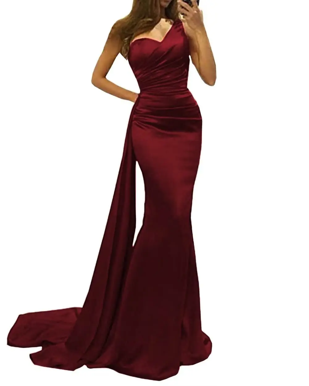 

Long Mermaid Satin One Shoulder Bridesmaid Dresses With Side Train Elegant Burgundy Maid of Honor for Women