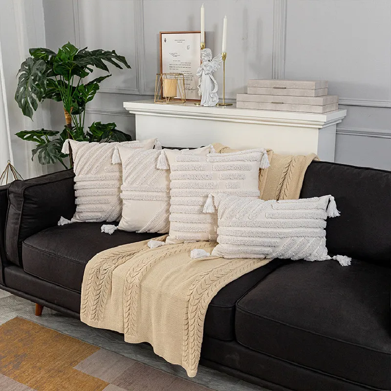 Nordic Style Beige Tassels Cushion Cover 30x50/45x45cm Handmade Tufted