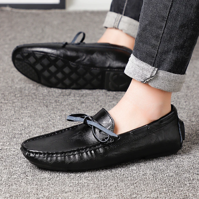 2025 Summer Mens Leather Loafers Slip-On Comfort Driving Shoes Soft Sole Business Casual Shoes Breathable Euro 38-47 Brown/Black 4