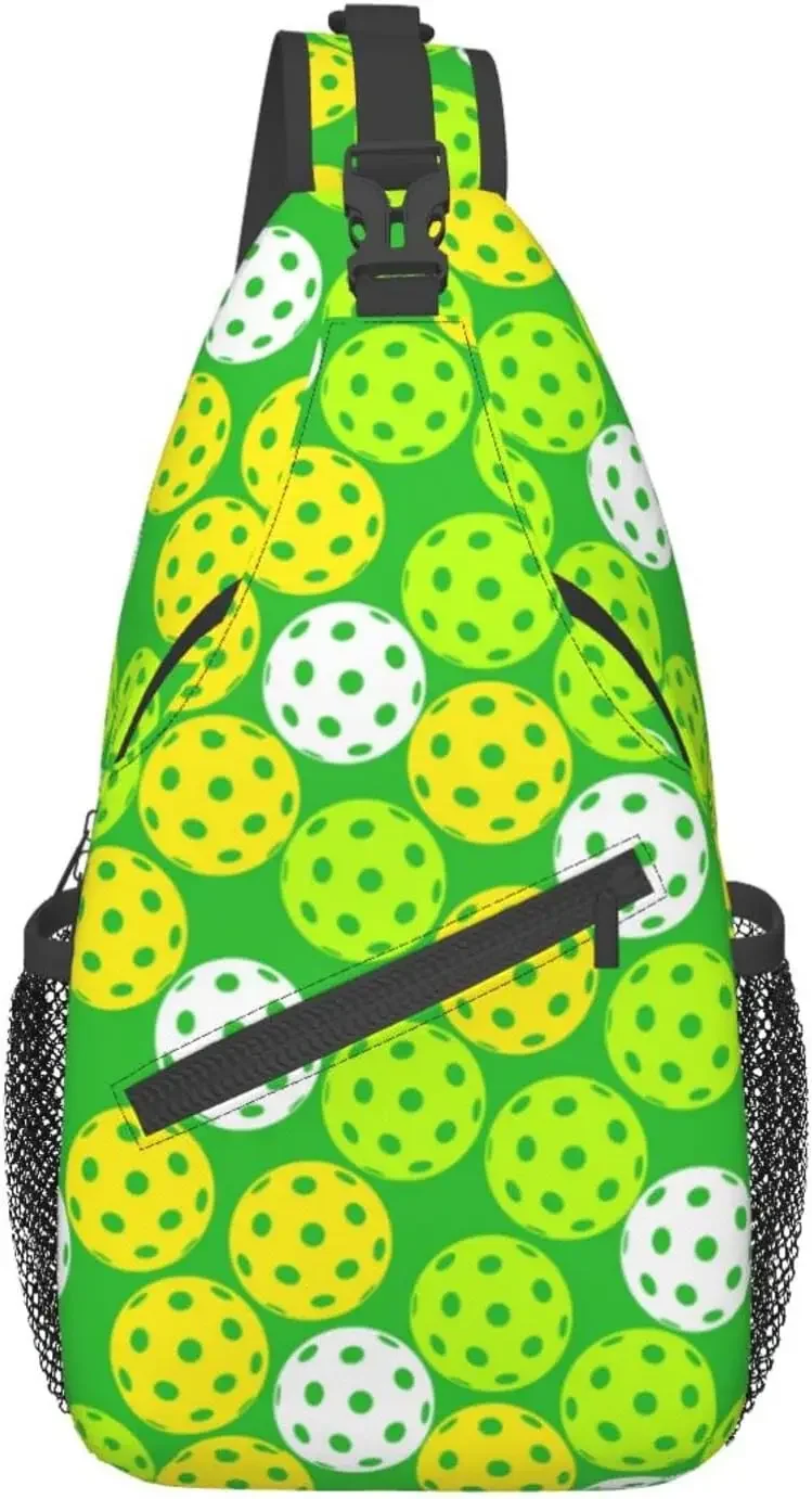 

Pickleball Sling Bag Crossbody Backpac Balls on Green Background Ball Team Popular Art Sports Travel Hiking Daypack Ball Print