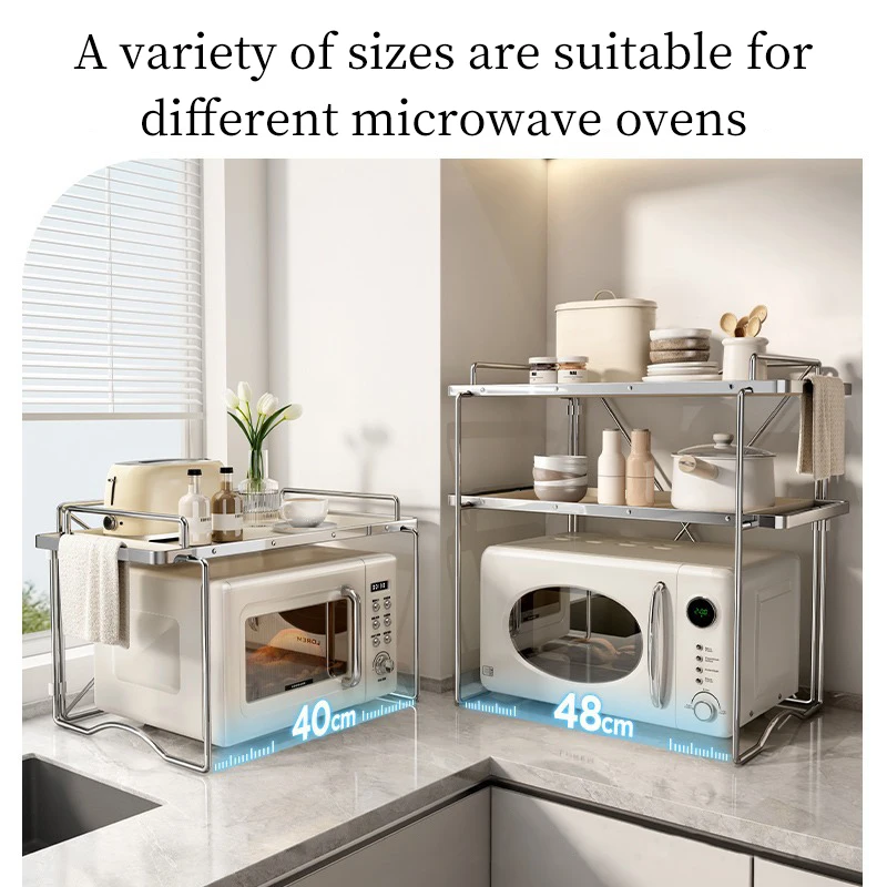 Kitchen 2-layer Microwave Oven Storage Rack Retractable Countertop Gadget Set Floor Stand Seasoning Holder Spicy Organizer Shelf 5