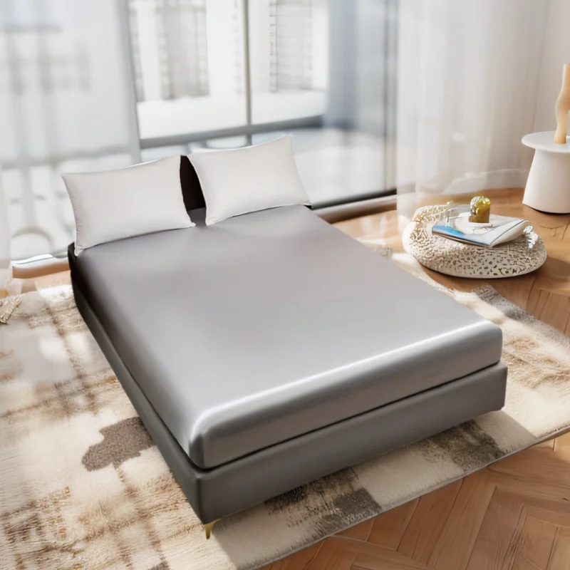 Kuup 100%Polyester 1pcs satin surface Bedding Fitted Sheet（No pillowcase）Elastic Band Around Mattress Cover King Bed Cover Sheet 2