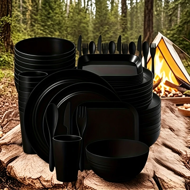 32/64pcs Wheat Straw Cutlery Set Bulk Plates Lightweight Dishes Cups Cutlery Dishwasher Microwave Safe For Camping Picnic 4
