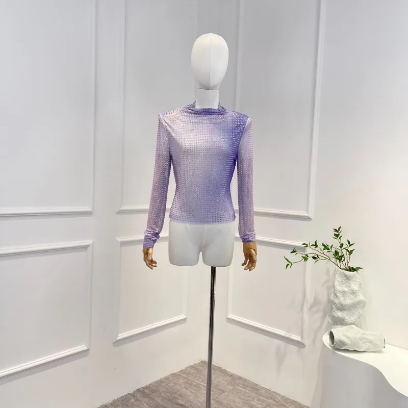 

2023 New Summer Autumn Original Quality Purple Gradient Diamond Long Sleeve Turtle Neck Ladies Blouses