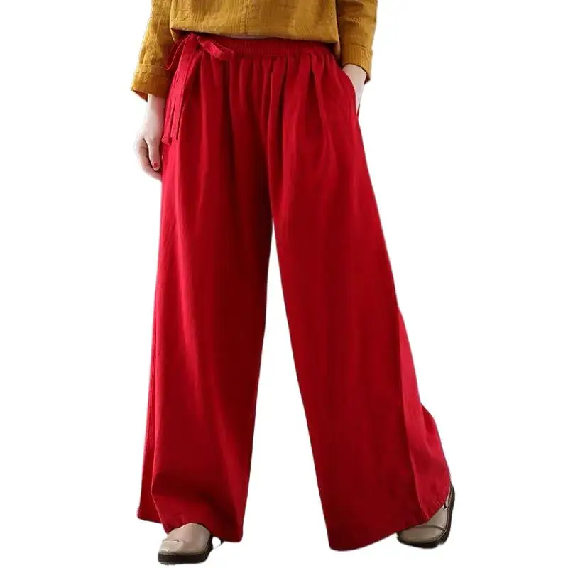 Primavera E Autunm Pantaloni Larghi Casual In Cotone E Lino Da Donna, Pantaloni Vintage A Gamba Larga Di Marca Nero Rosso Pantalon Rosa Donna