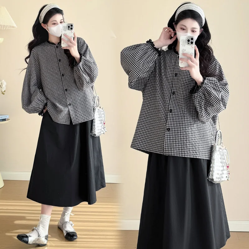 Plus Size Maternity Clothes Set Spring Long Sleeve Plaid Shirts Belly Skirts Twinset Preppy Style Pregnant Woman Skirt Suits