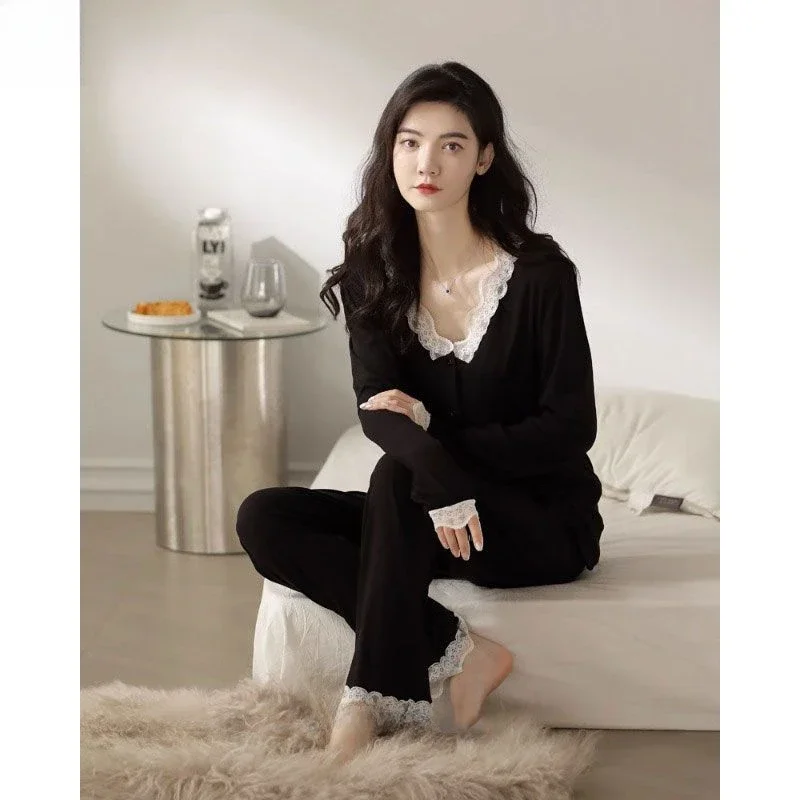 Women's Pajamas Set Spring and Fall New Black Korean Fashion Light Luxury Long-sleeved Cardigan Cotton Casual Homewear Sleepwear