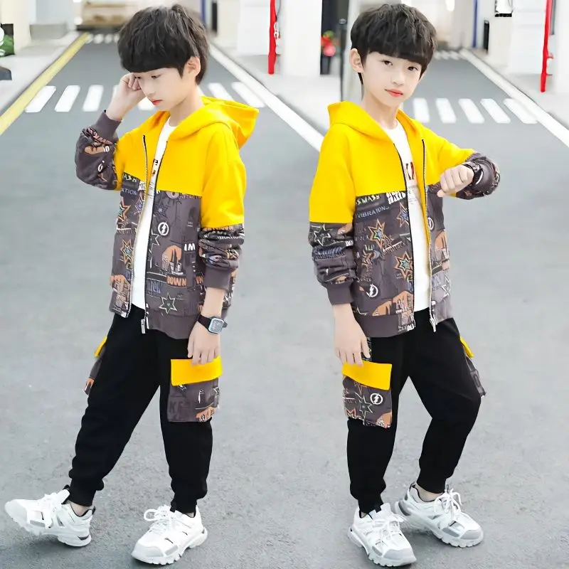 

3PCS Teen Boys' Sport Sets 2023 Spring Hooded Jacket Long Sleeve Top Loose Cuffed Pants Patchwork Graffiti Printing 5-12 Yrs