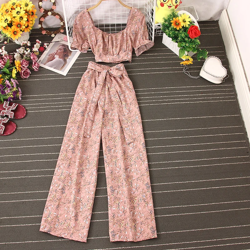 French Square Neck Short Sleeve Floral Printed Short Crop Top Women 2021 Summer Wide Leg Pants 2pcs Set Sexy Causal Holiday Set jinjin qc fashion women floral printed square scarf soie silk scarves and shawls echarpe foulard femme 90 90cm drop shipping