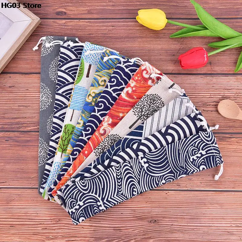 1PC Tableware Storage Bag Drawstring Portable Cotton Linen for Spoon Chopsticks Travel