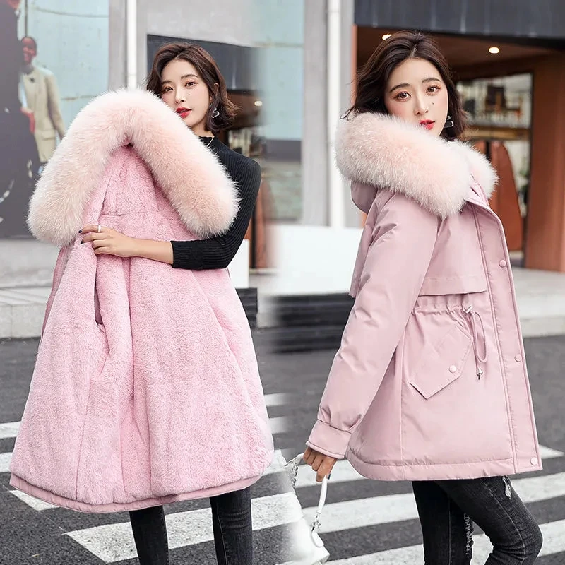 

2023 New Warm Thicken Parkas Coat Winter Fur Collar Hooded Cotton Coat Women Wool Liner Outwear Basic Coat Women Winter Jacket
