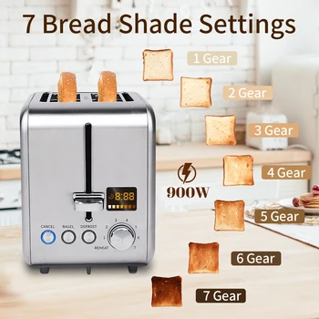 Toaster 2 Slice,Stainless Steel,LCD Display,7 Bread Shade Settings,1.4'' Wide Slots,4-in-1 Functions,Removable Crumb Tray,900W 4
