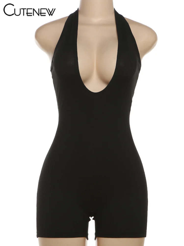 Halter Solid Playsuits Women Hipster Simple Drawstring Backless Bandage Skinny Overalls Female Classic Basic Sporty Wear